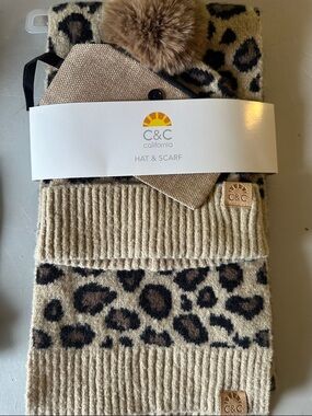 C&C California Kids Leopard Print Hat & Scarf Set - Tan, Brown, Black